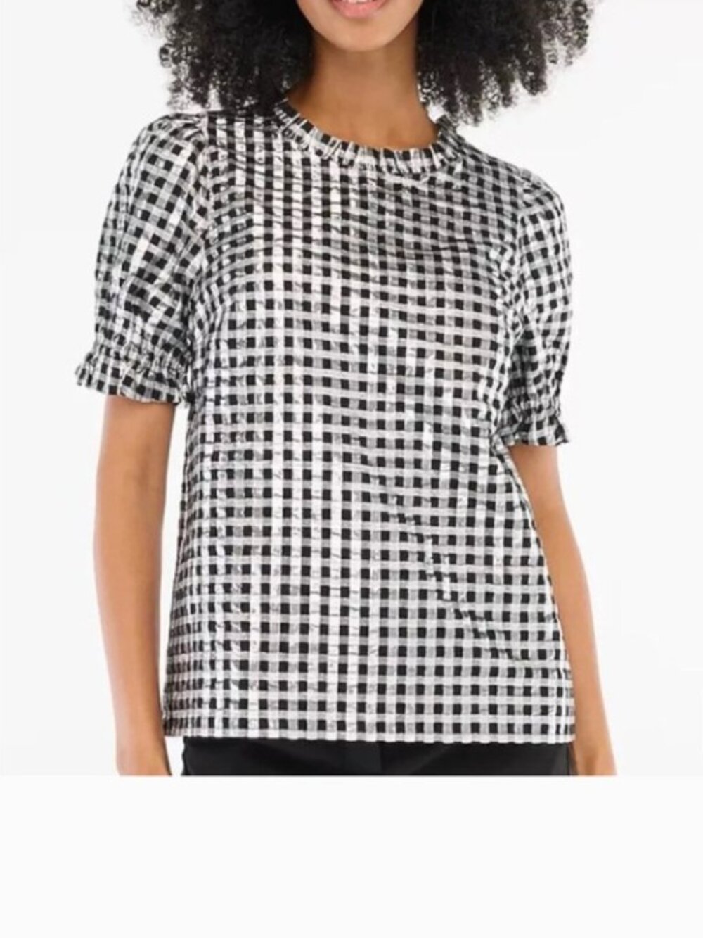 J. Crew Black Silver Checkered Top Gingham Top Blouse Short Sleeve
